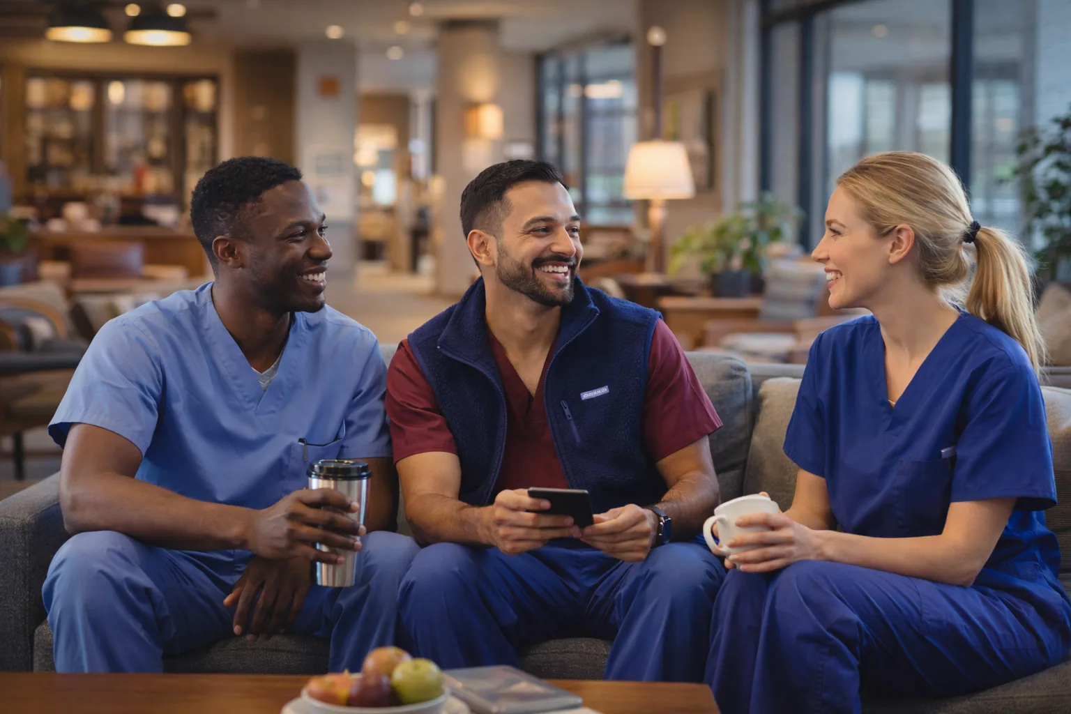 Three residents relaxing together in a hospital lounge