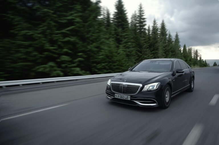 Black luxury sedan driving on an open road through a forest in Tashkent Region, Uzbekistan.